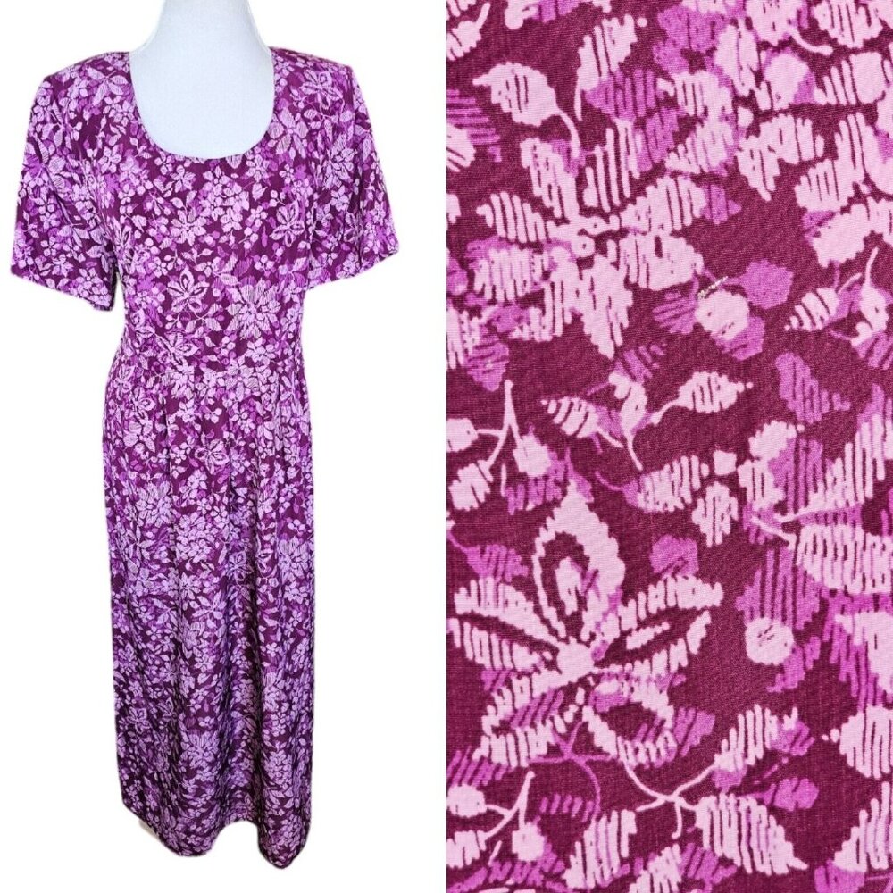 Vintage 90s Womens Size 16 18 Purple Floral Maxi Dress Tropical Hawaiian Long